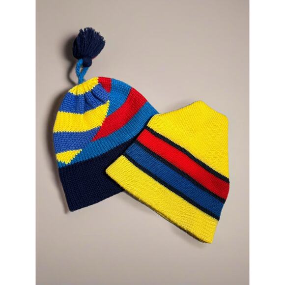 Lot Of 2 Vintage Wool Ski Snow Hat Tassel USA Lands End Smiley Red Blue Yellow - Picture 1 of 10